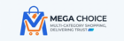 Official logo of Mega Choice, a trusted multi-category online shopping platform. The design features a royal blue letter M integrated with an orange shopping cart, representing affordable shopping and fast delivery.