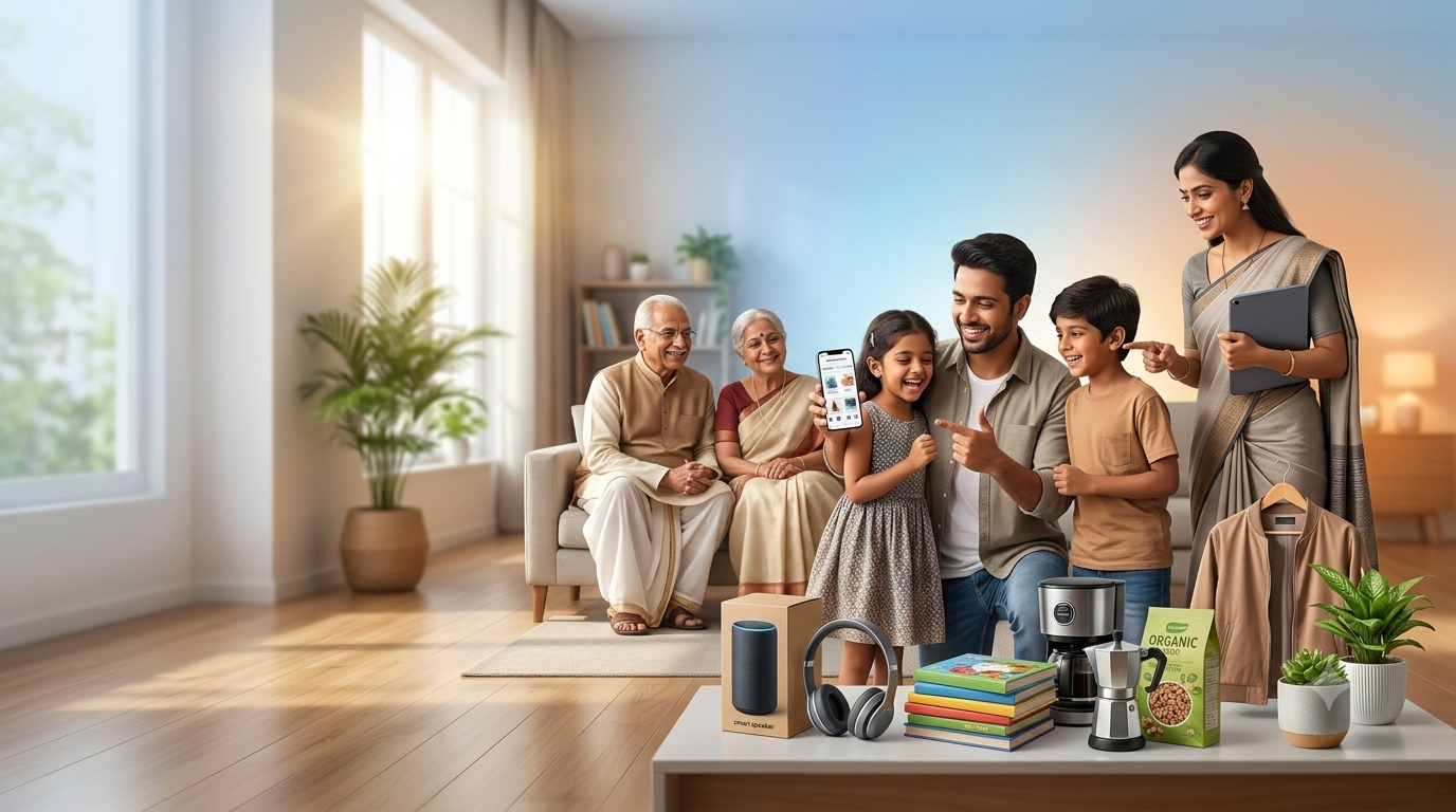 A happy family showcasing a wide range of multi-category products from Mega Choice e-commerce store, including electronics, smartphones, fashion apparel, groceries, watches, premium bags, and eyewear arranged beautifully on a modern podium setup.