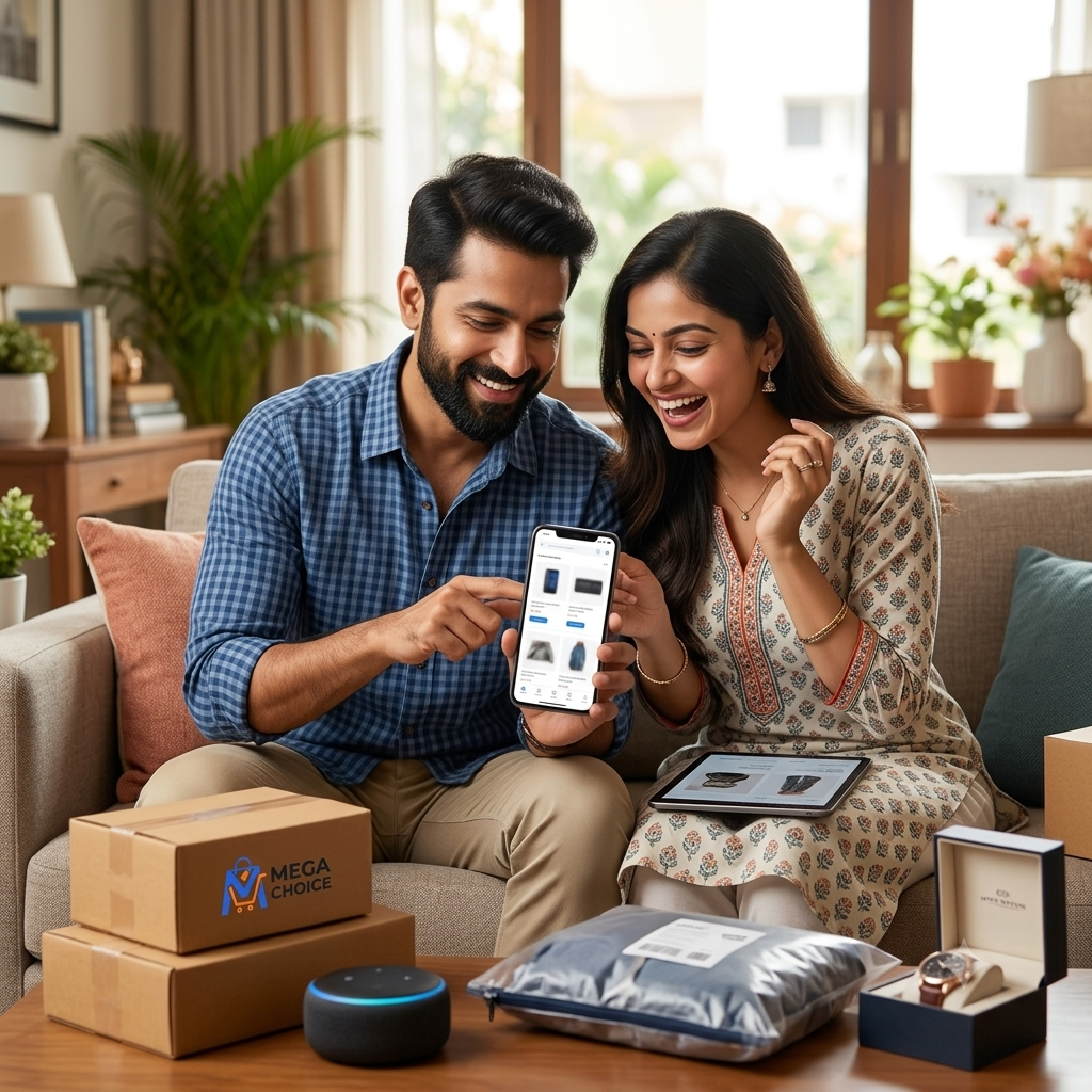 A happy young Indian husband and wife sitting on a living room sofa, smiling while shopping online together on a smartphone. The scene showcases delivered Mega Choice cardboard boxes, premium packed items like watches, smart accessories, and electronics on the coffee table.